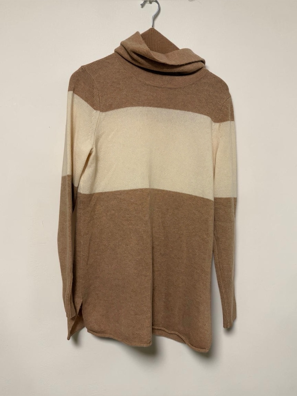 ATHLETA 100% Cashmere Camel Tan Chalet Colorblock Turtleneck Tunic Sweater size
